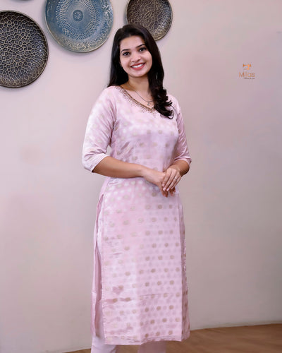 Tissue Jacquard Co-ord Set: Printed Top & Matching Crepe Bottoms-Pastel Pink.