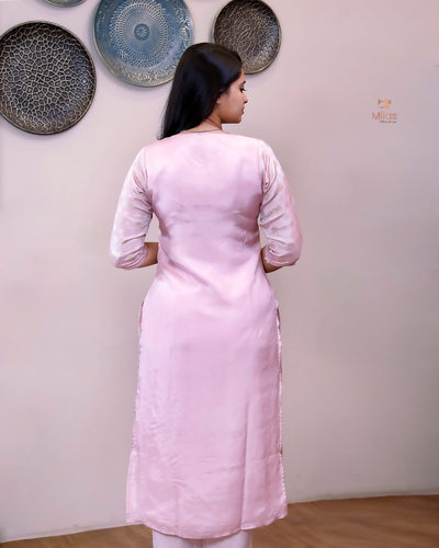 Tissue Jacquard Co-ord Set: Printed Top & Matching Crepe Bottoms-Pastel Pink.