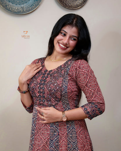 Ajrakh printed cotton panel-cut kurti