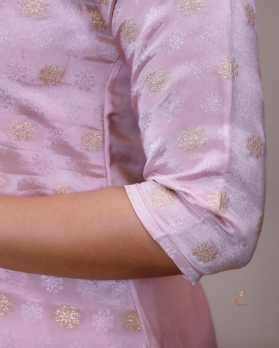 Tissue Jacquard Co-ord Set: Printed Top & Matching Crepe Bottoms-Pastel Pink.