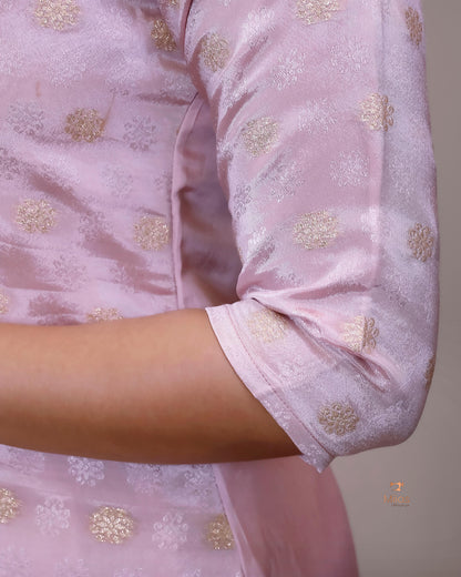 Tissue Jacquard Co-ord Set: Printed Top & Matching Crepe Bottoms-Pastel Pink.