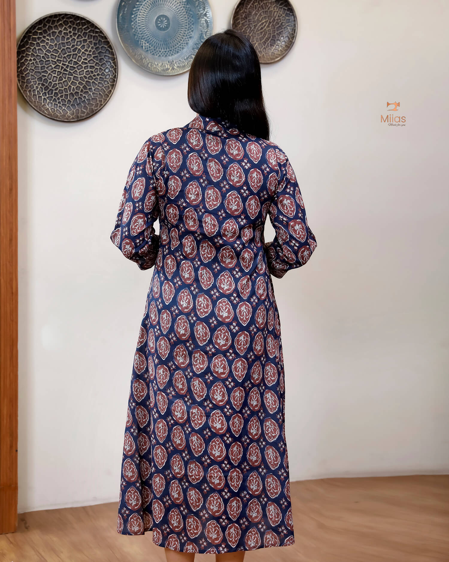 Cotton Handblock Kurti | Shirt Collar Pleated | Blue