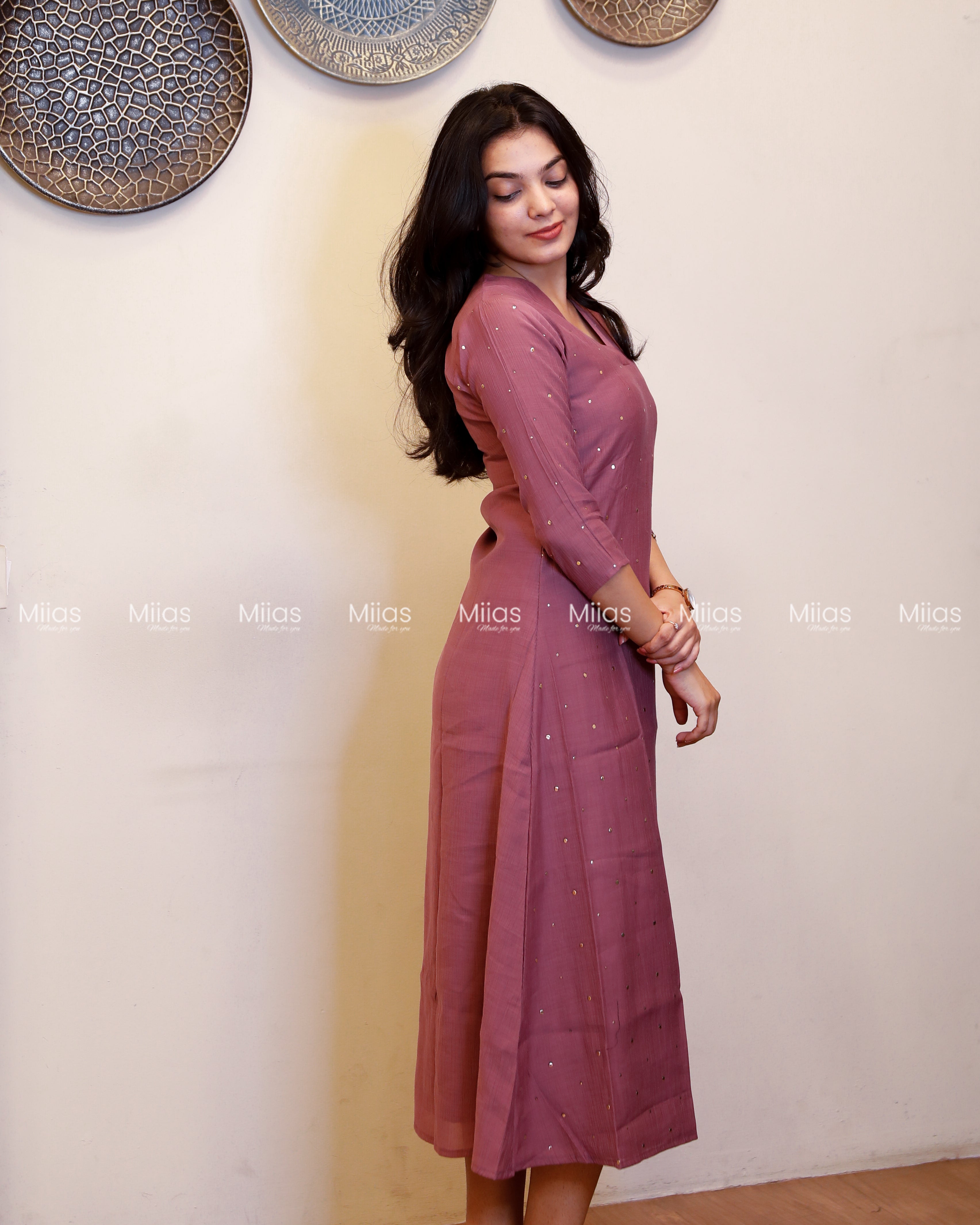Dhara Silk Dress Kurti | Mukaish Front + Overlap V-Neck | Mauve Purple