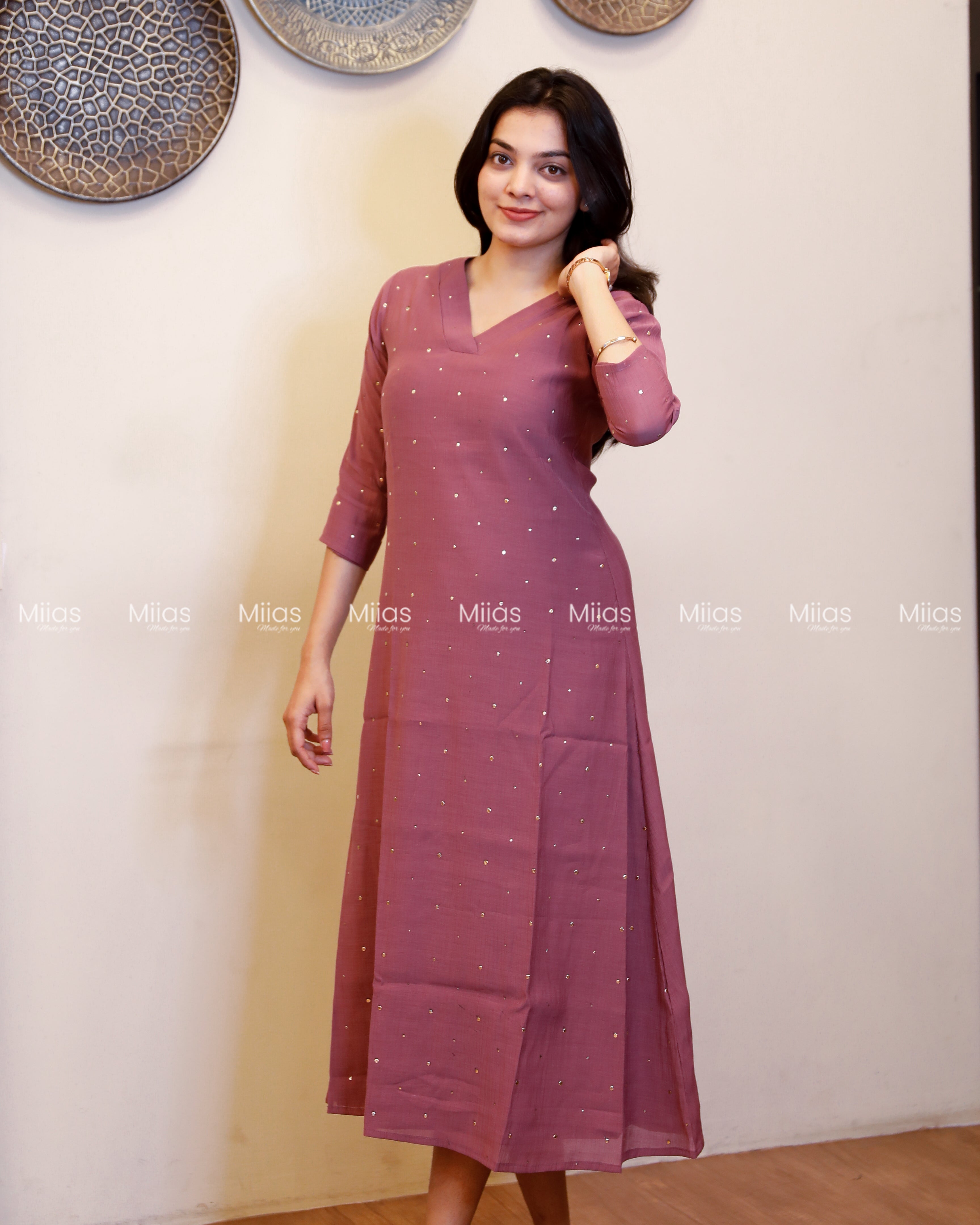 Dhara Silk Dress Kurti | Mukaish Front + Overlap V-Neck | Mauve Purple