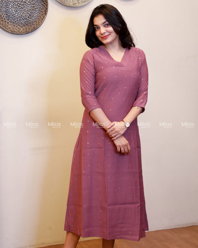 Dhara Silk Dress Kurti | Mukaish Front + Overlap V-Neck | Mauve Purple