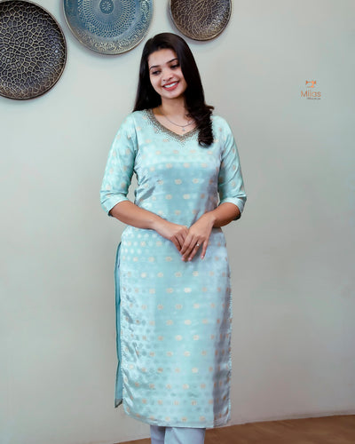 Tissue Jacquard Co-ord Set: Printed Top & Matching Crepe Bottoms-Pastel Green.