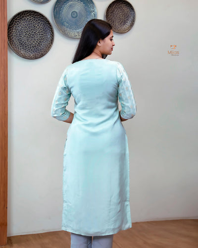 Tissue Jacquard Co-ord Set: Printed Top & Matching Crepe Bottoms-Pastel Green.