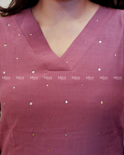 Dhara Silk Dress Kurti | Mukaish Front + Overlap V-Neck | Mauve Purple