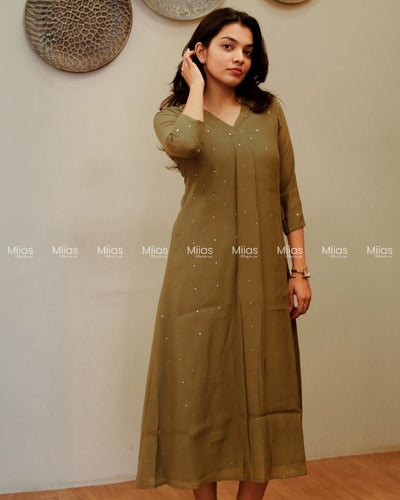Dhara Silk Dress Kurti | Mukaish Front + Pleats + V-Neck | Olive Green