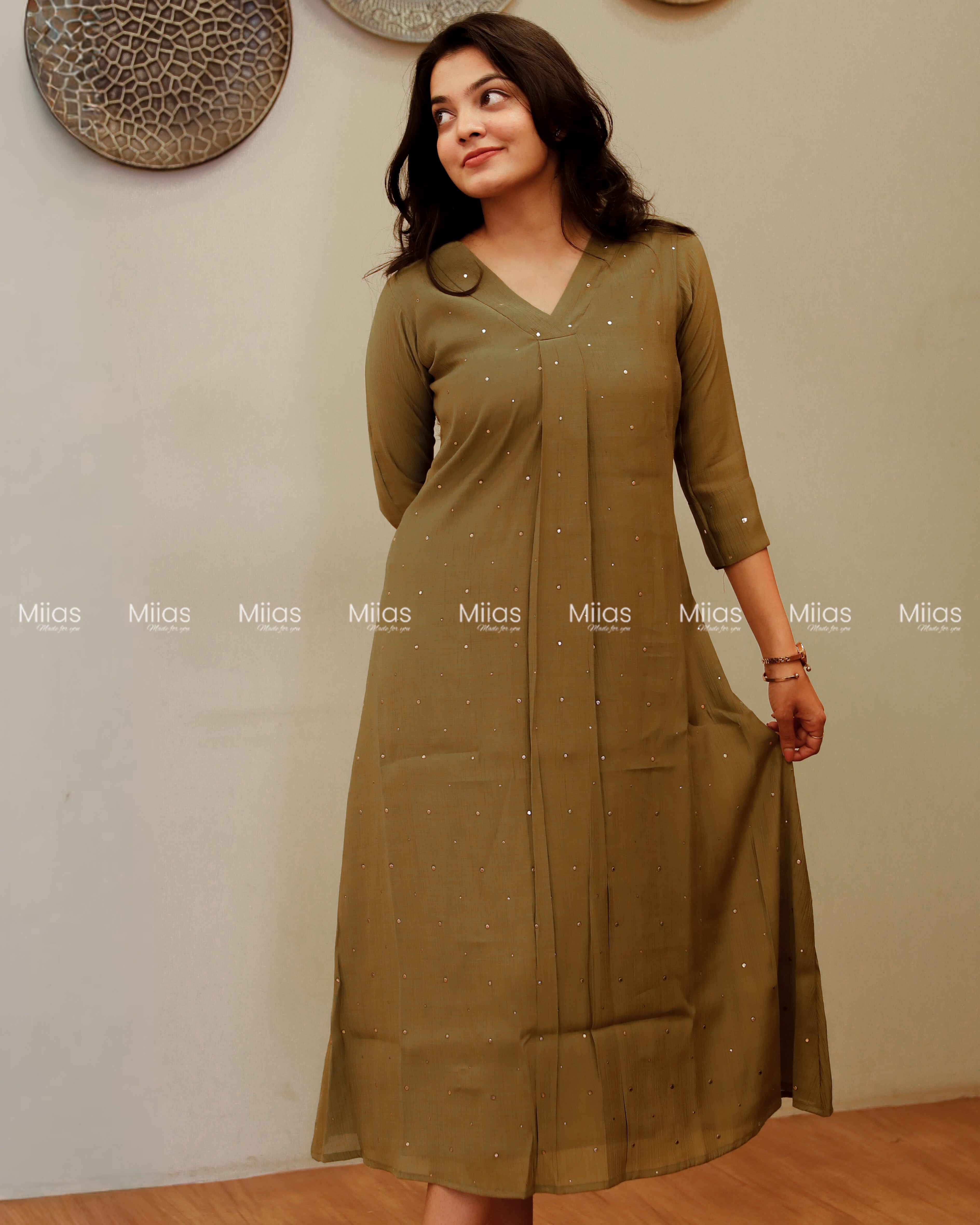 Dhara Silk Dress Kurti | Mukaish Front + Pleats + V-Neck | Olive Green