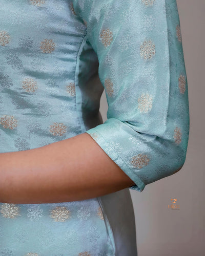 Tissue Jacquard Co-ord Set: Printed Top & Matching Crepe Bottoms-Pastel Green.