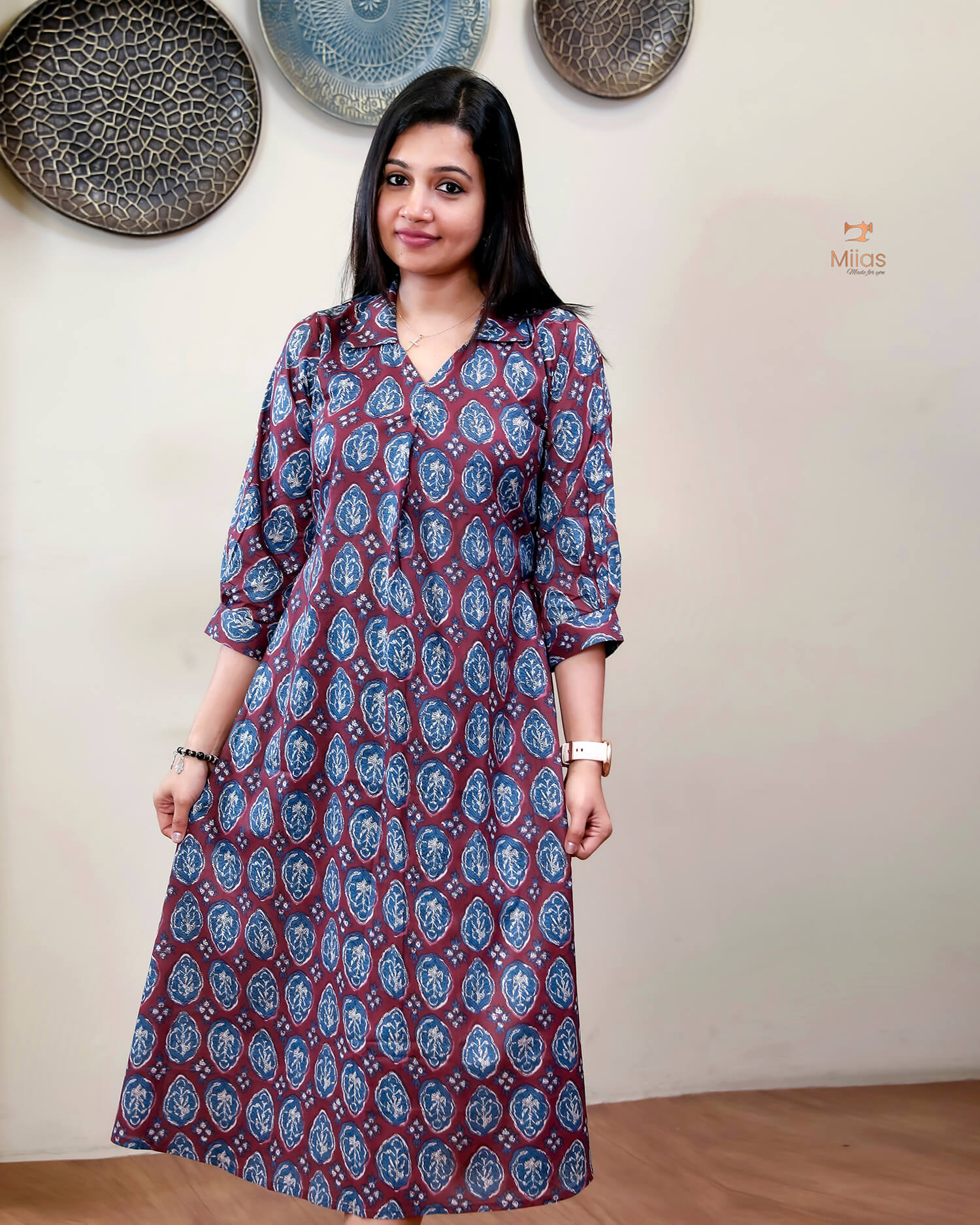 Cotton Handblock Kurti | Shirt Collar Pleated | Maroon