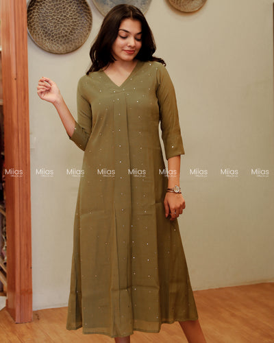 Dhara Silk Dress Kurti | Mukaish Front + Pleats + V-Neck | Olive Green