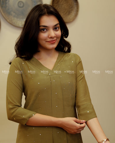 Dhara Silk Dress Kurti | Mukaish Front + Pleats + V-Neck | Olive Green