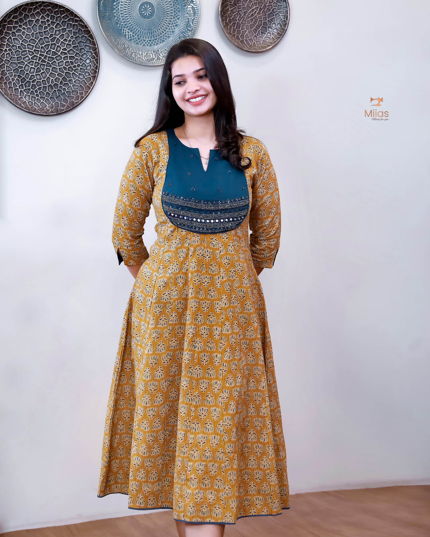 Cotton Kantha Kurti: Cut Beads, Mirror Work, Contrast Trim-Light Mustard Yellow.