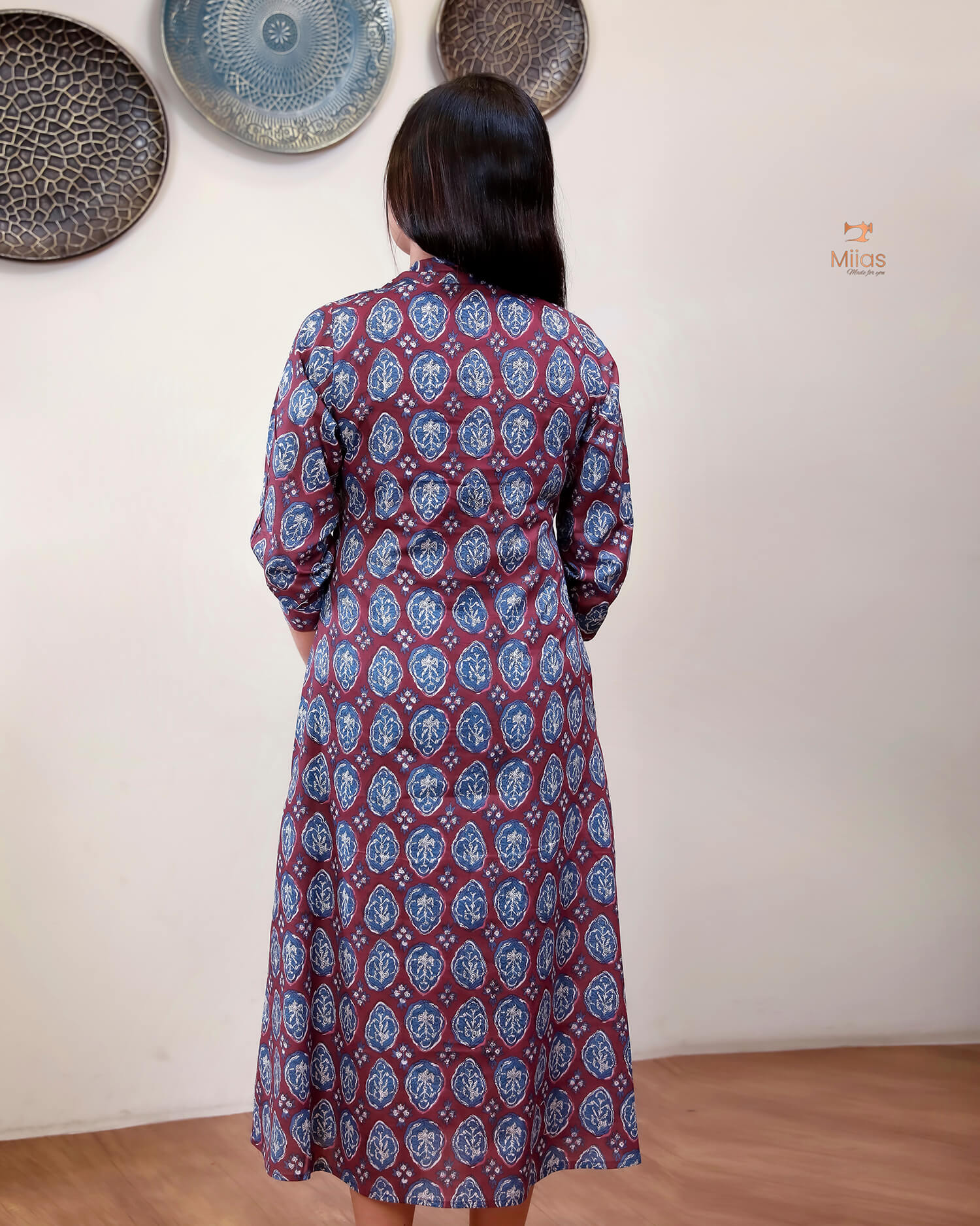 Cotton Handblock Kurti | Shirt Collar Pleated | Maroon