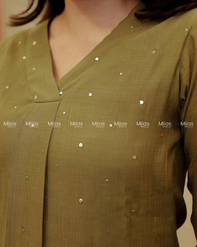 Dhara Silk Dress Kurti | Mukaish Front + Pleats + V-Neck | Olive Green