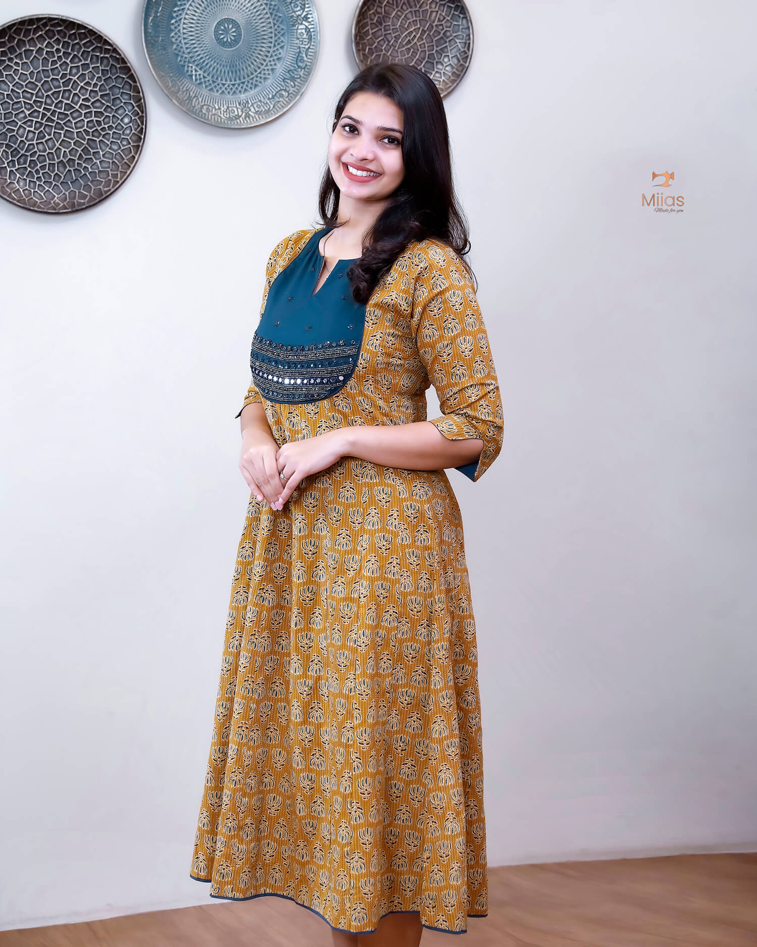 Cotton Kantha Kurti: Cut Beads, Mirror Work, Contrast Trim-Light Mustard Yellow.