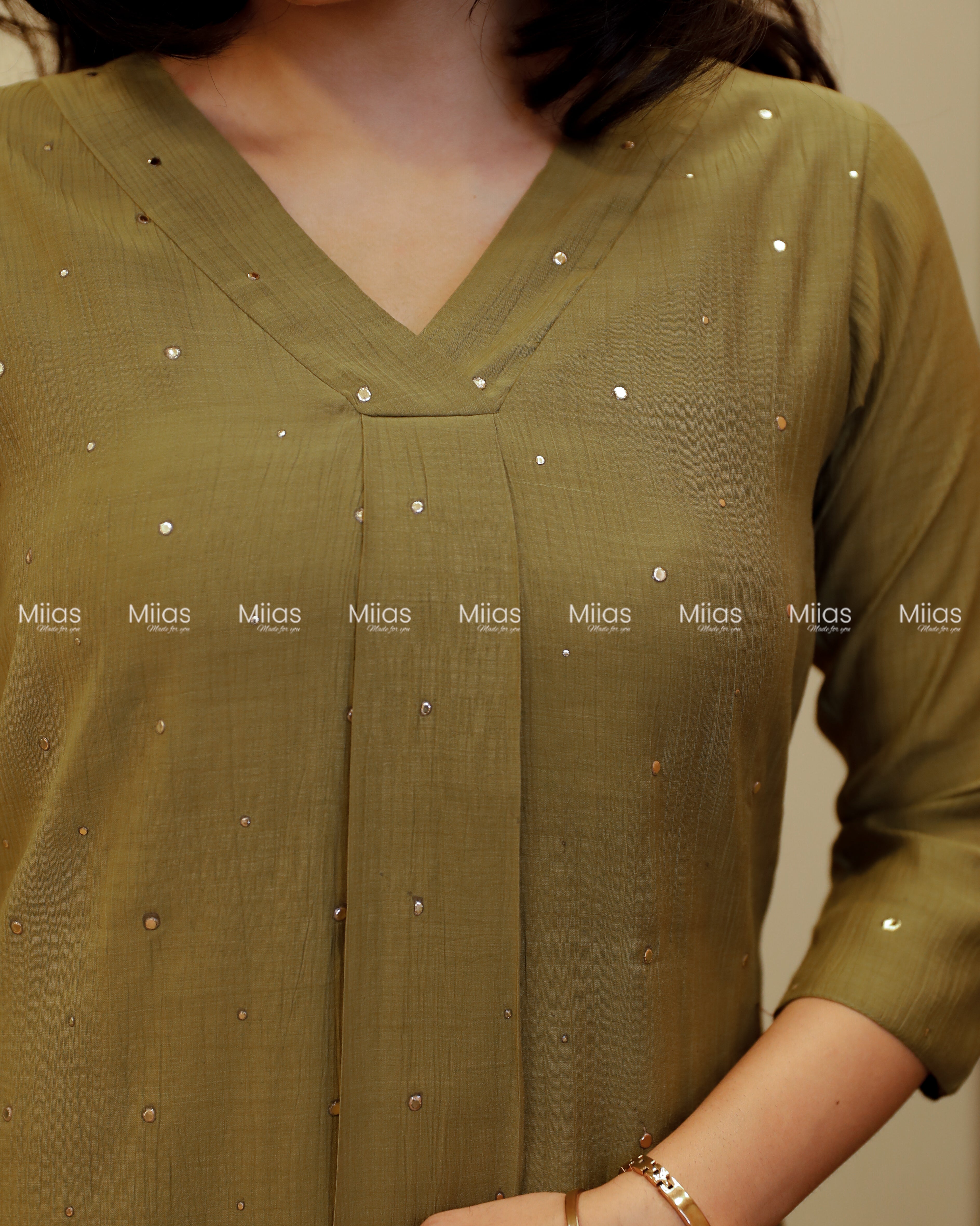 Dhara Silk Dress Kurti | Mukaish Front + Pleats + V-Neck | Olive Green