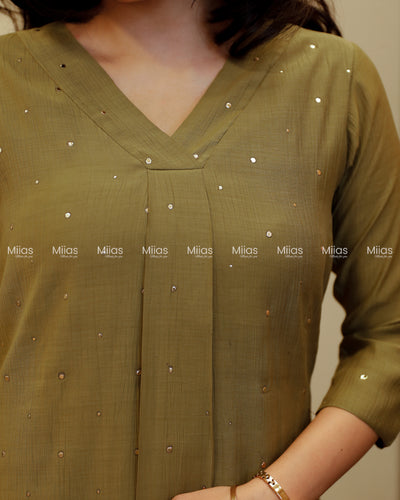 Dhara Silk Dress Kurti | Mukaish Front + Pleats + V-Neck | Olive Green