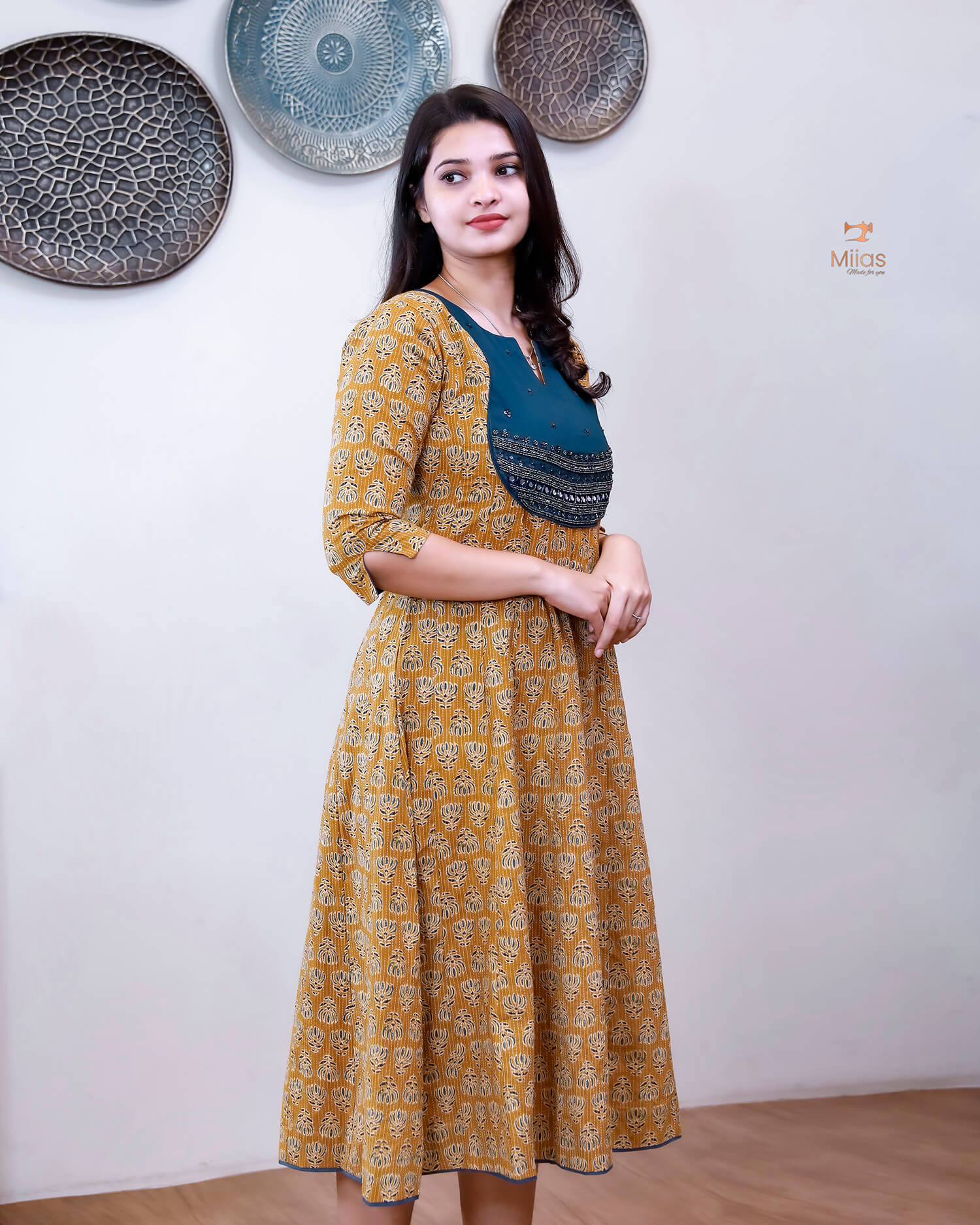 Cotton Kantha Kurti: Cut Beads, Mirror Work, Contrast Trim-Light Mustard Yellow.