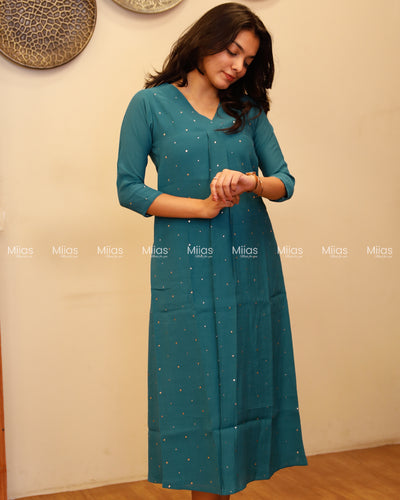 Dhara Silk Dress Kurti | Mukaish Front + Pleats + V-Neck | Deep Turquoise