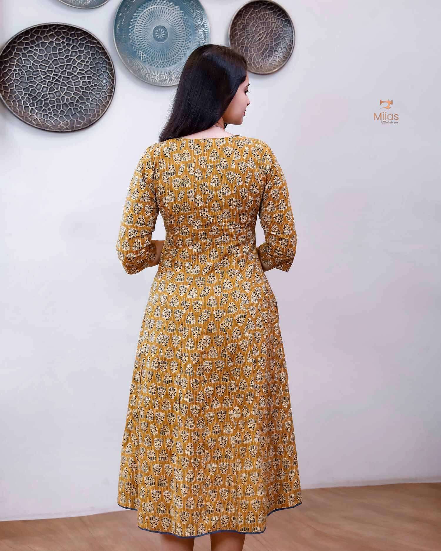Cotton Kantha Kurti: Cut Beads, Mirror Work, Contrast Trim-Light Mustard Yellow.