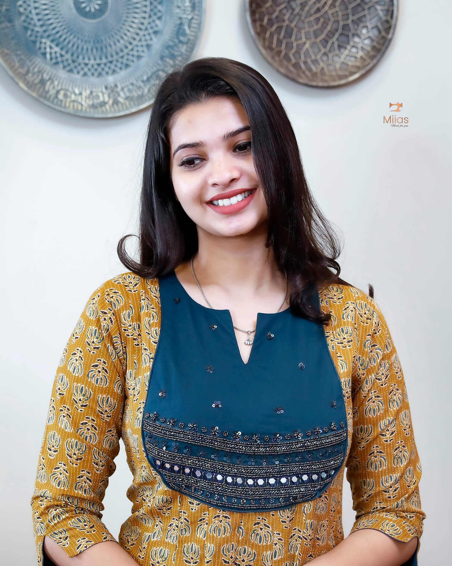 Cotton Kantha Kurti: Cut Beads, Mirror Work, Contrast Trim-Light Mustard Yellow.