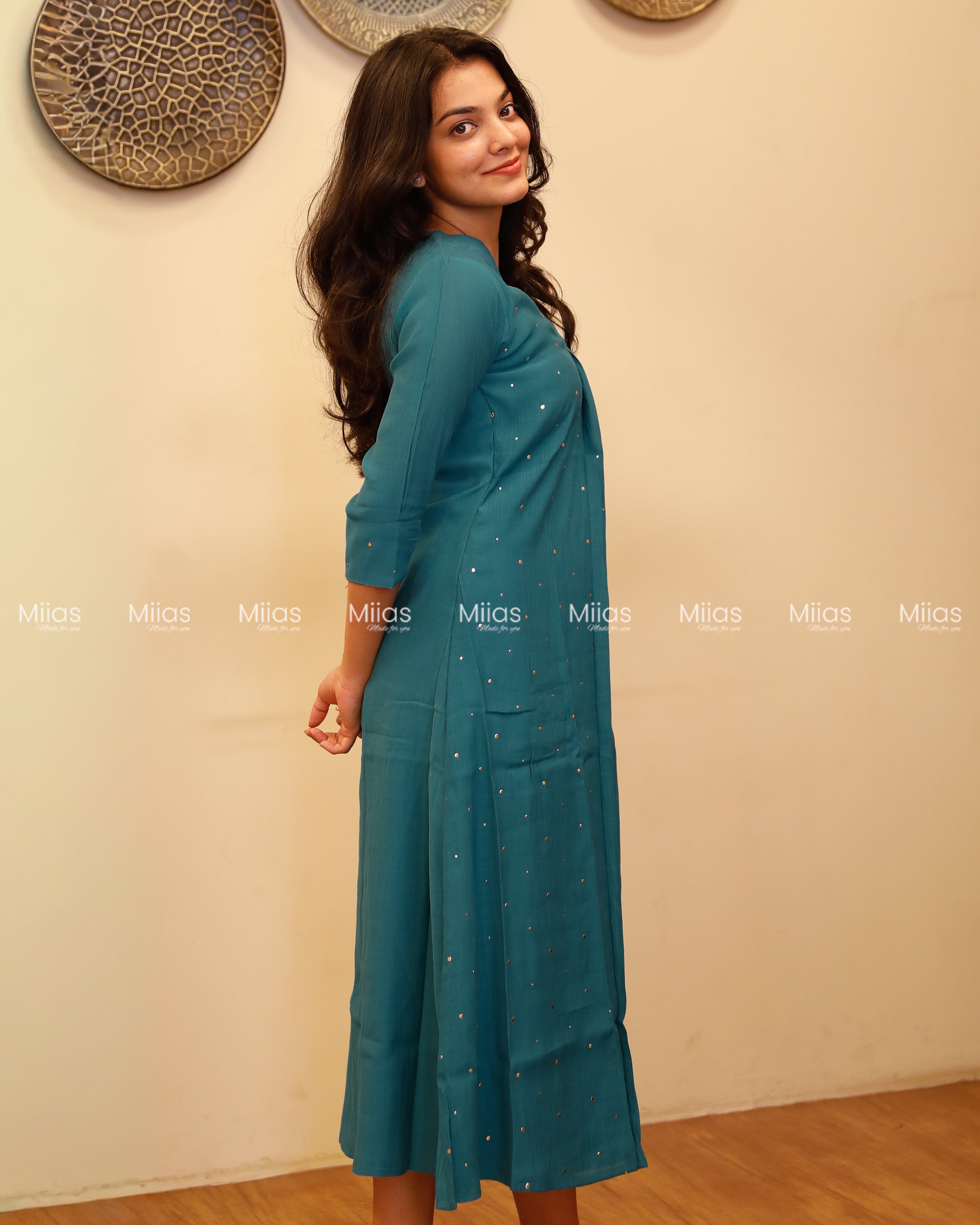 Dhara Silk Dress Kurti | Mukaish Front + Pleats + V-Neck | Deep Turquoise