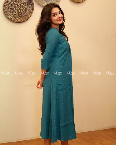 Dhara Silk Dress Kurti | Mukaish Front + Pleats + V-Neck | Deep Turquoise