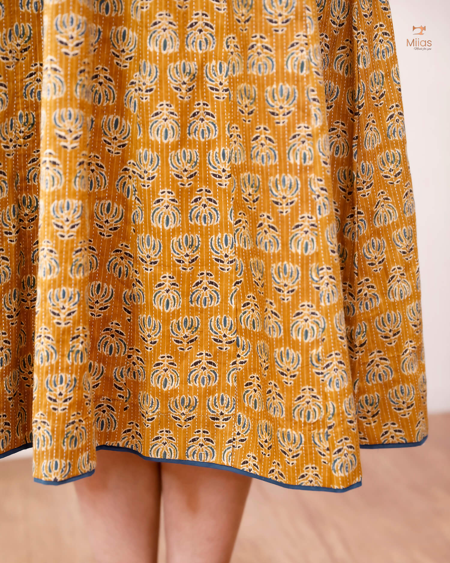 Cotton Kantha Kurti: Cut Beads, Mirror Work, Contrast Trim-Light Mustard Yellow.