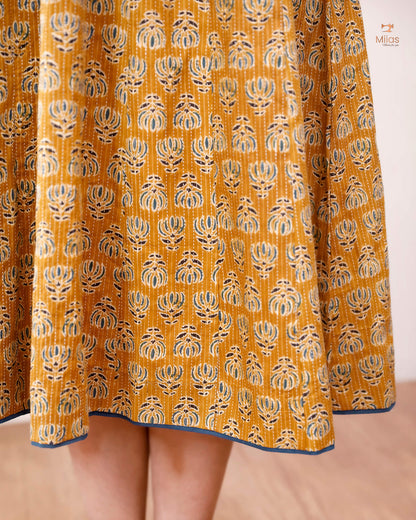 Cotton Kantha Kurti: Cut Beads, Mirror Work, Contrast Trim-Light Mustard Yellow.
