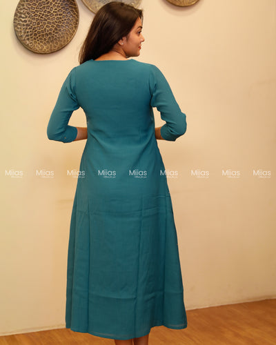 Dhara Silk Dress Kurti | Mukaish Front + Pleats + V-Neck | Deep Turquoise