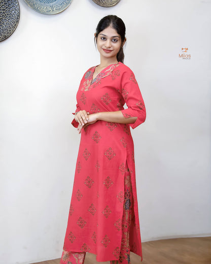 Pure Cotton Co-ord Set: Breathable Printed Elegance-Pink.