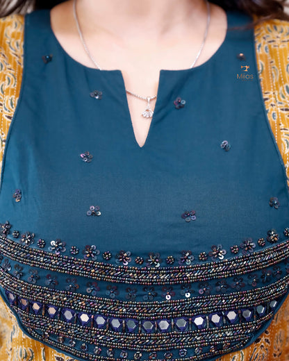 Cotton Kantha Kurti: Cut Beads, Mirror Work, Contrast Trim-Light Mustard Yellow.