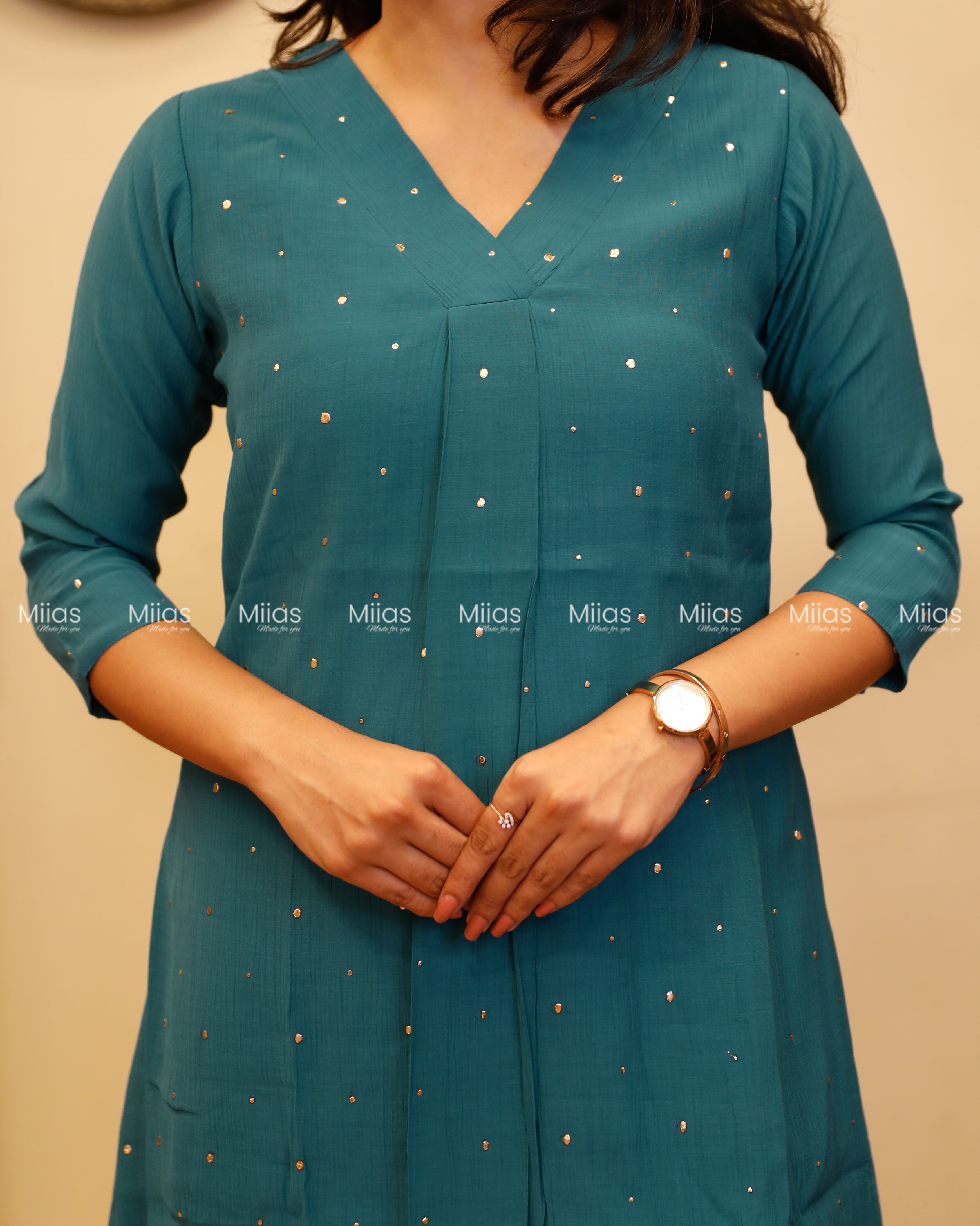 Dhara Silk Dress Kurti | Mukaish Front + Pleats + V-Neck | Deep Turquoise