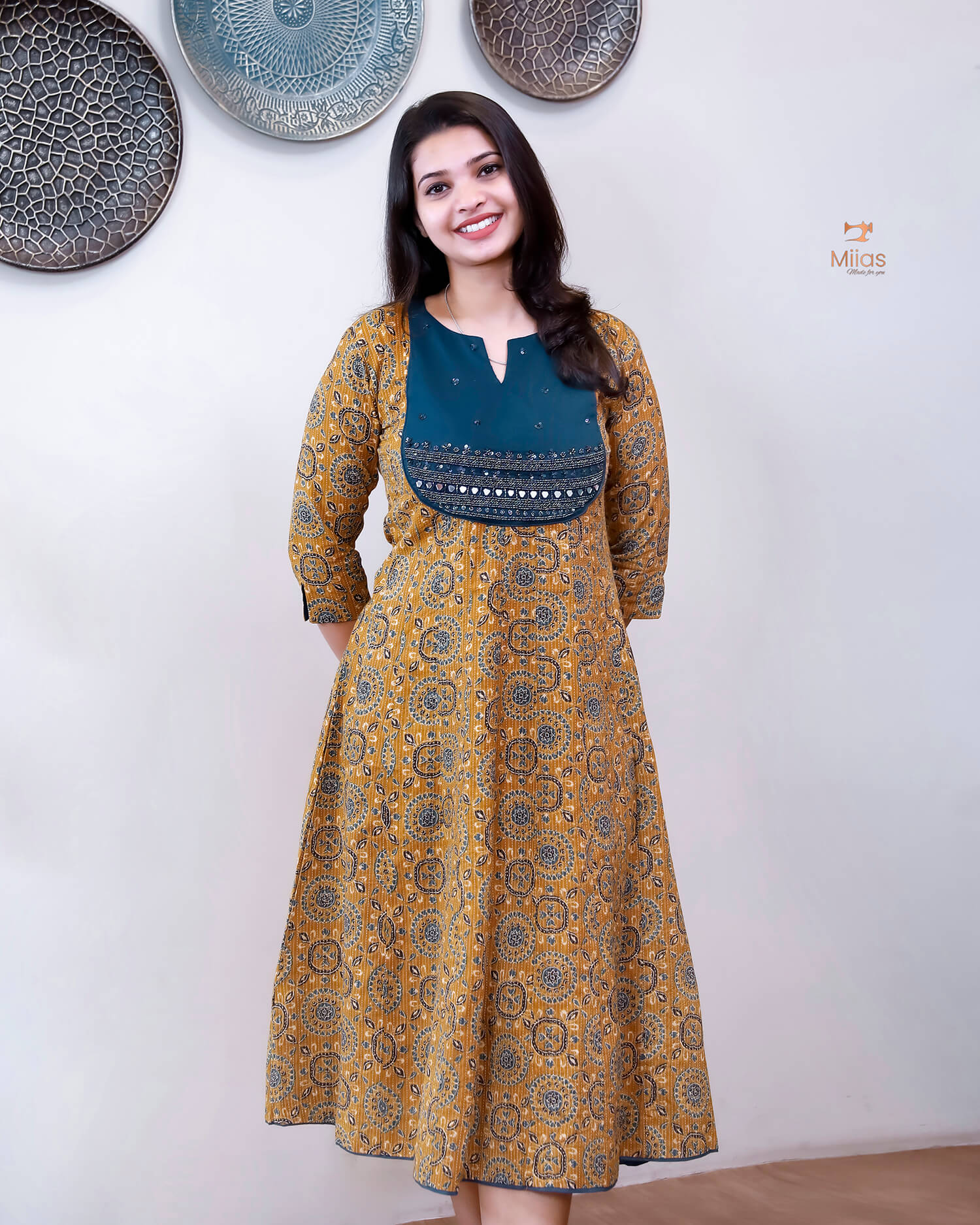 Cotton Kantha Kurti: Cut Beads, Mirror Work, Contrast Trim-Mustard Yellow.
