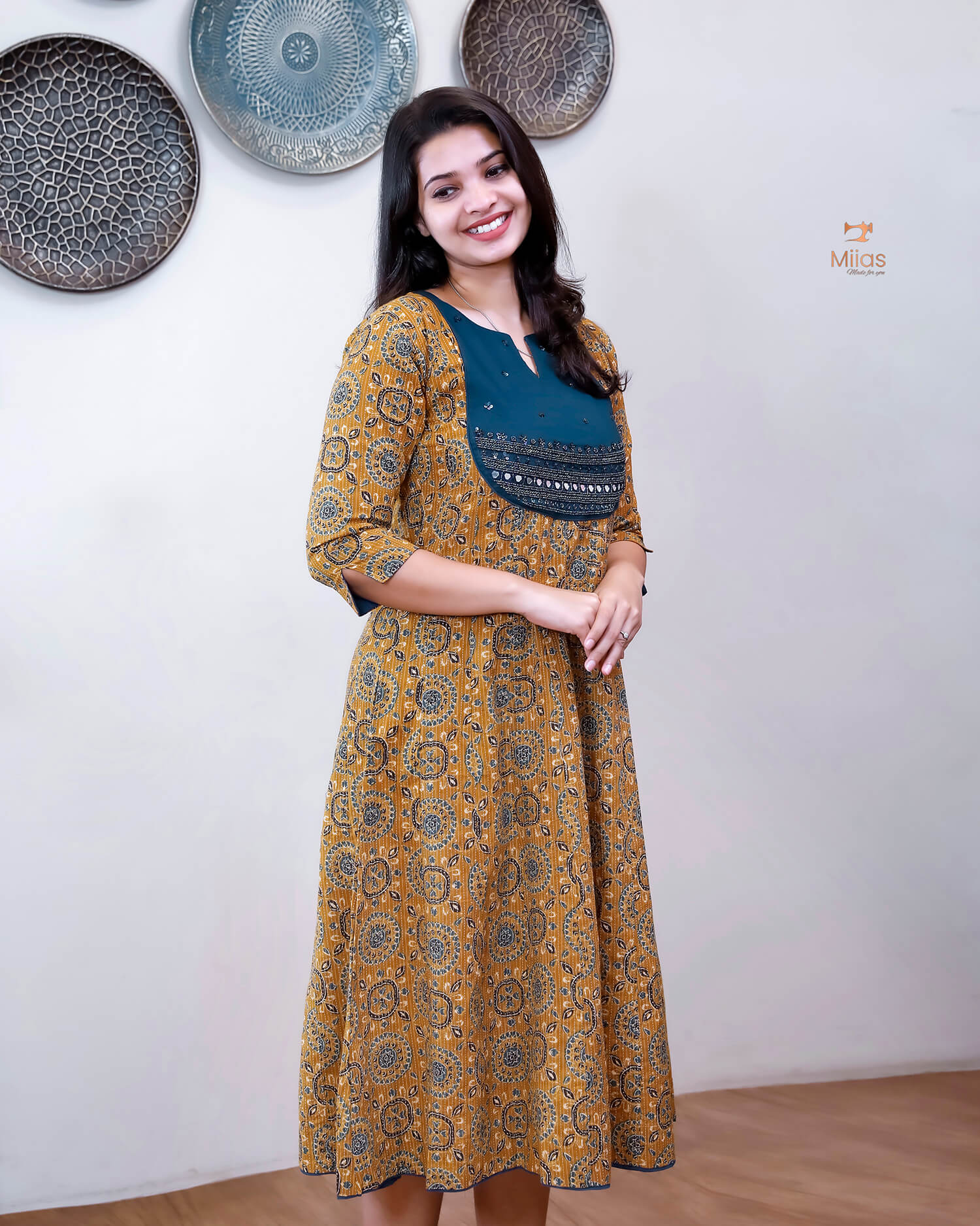 Cotton Kantha Kurti: Cut Beads, Mirror Work, Contrast Trim-Mustard Yellow.