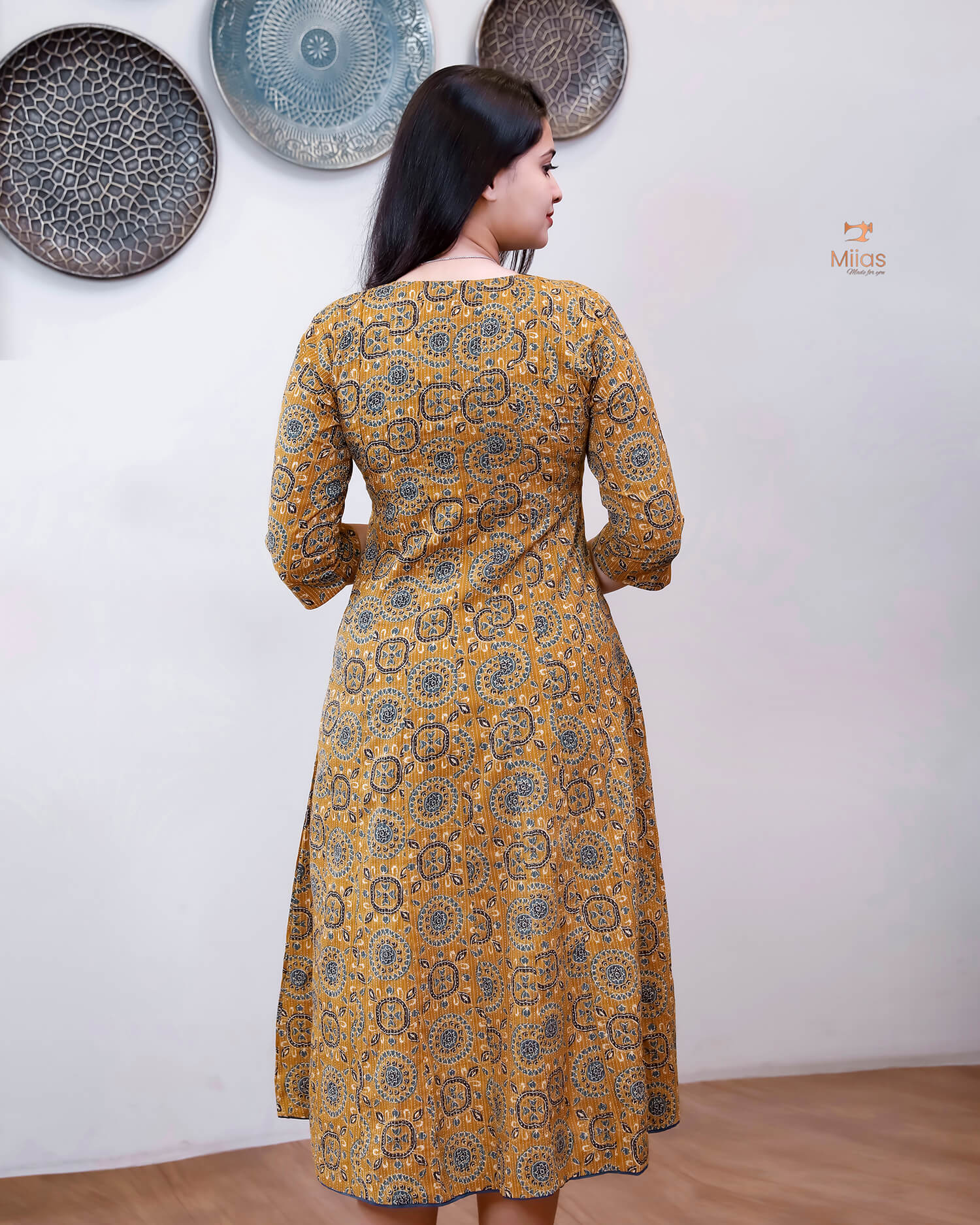 Cotton Kantha Kurti: Cut Beads, Mirror Work, Contrast Trim-Mustard Yellow.