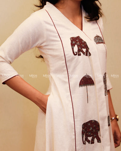 Flex Cotton 3-Panel Dress Kurti | Block Print + Sequin Collar | Off-White