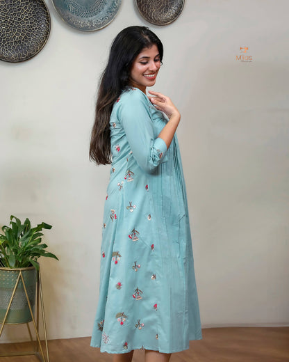 Cotton Pleated & Embroidered Designer Dress Kurti