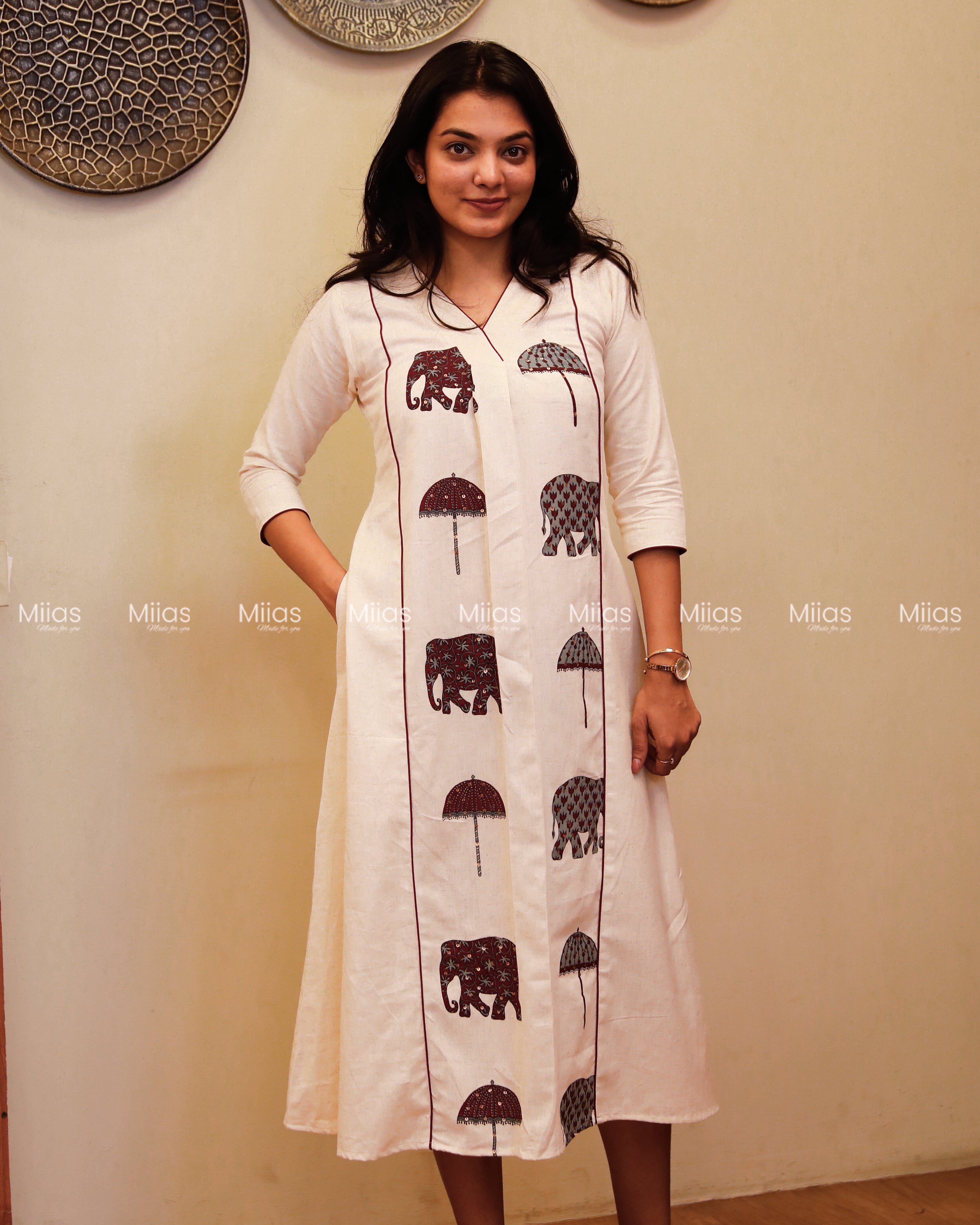 Flex Cotton 3-Panel Dress Kurti | Block Print + Sequin Collar | Off-White