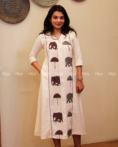 Flex Cotton 3-Panel Dress Kurti | Block Print + Sequin Collar | Off-White