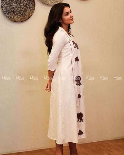 Flex Cotton 3-Panel Dress Kurti | Block Print + Sequin Collar | Off-White