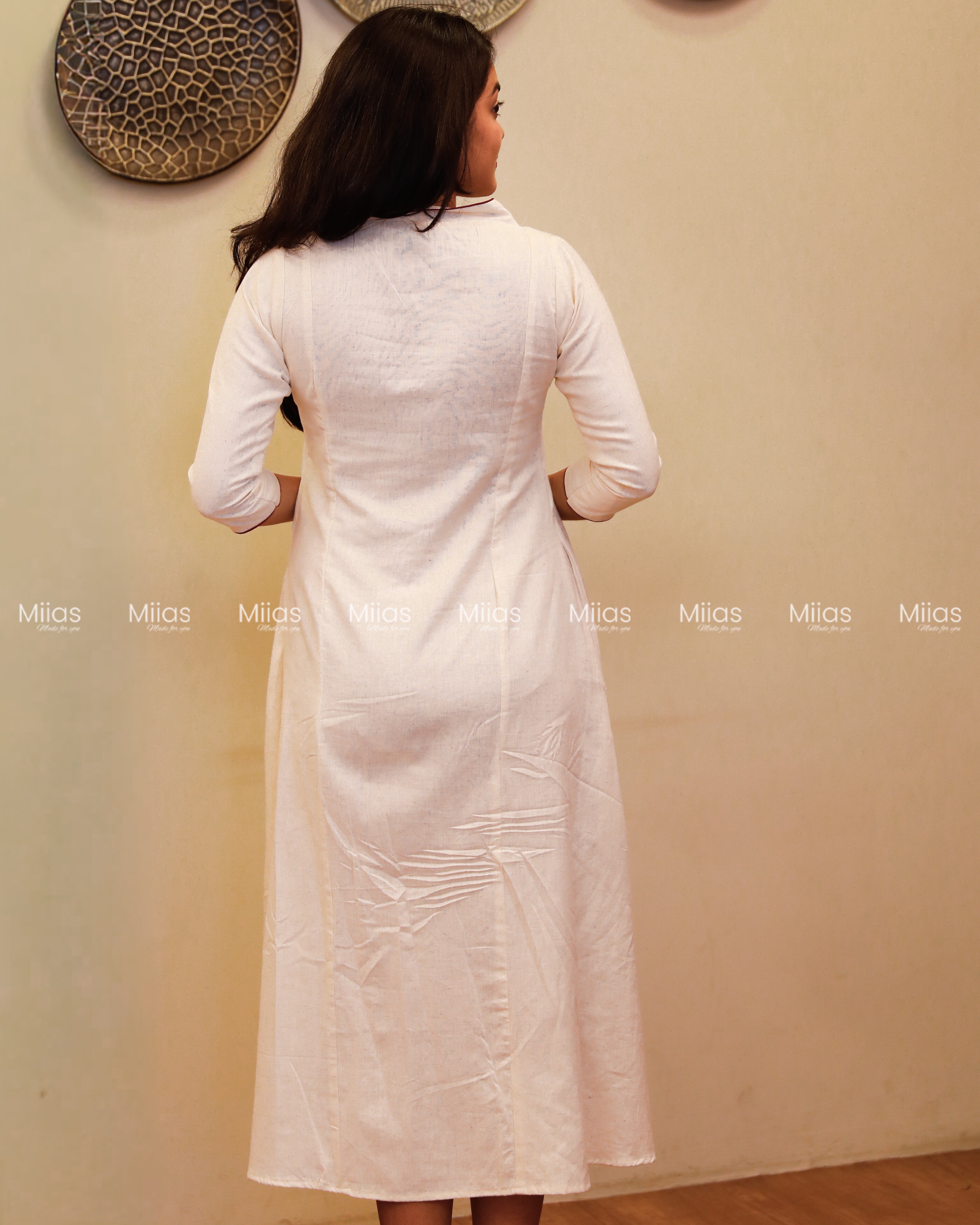 Flex Cotton 3-Panel Dress Kurti | Block Print + Sequin Collar | Off-White