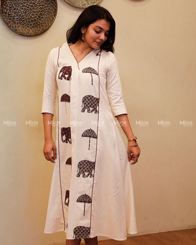 Flex Cotton 3-Panel Dress Kurti | Block Print + Sequin Collar | Off-White