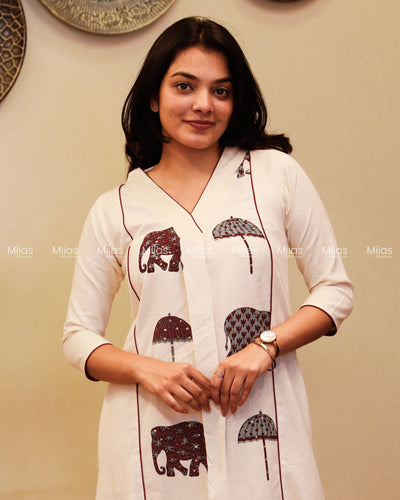 Flex Cotton 3-Panel Dress Kurti | Block Print + Sequin Collar | Off-White