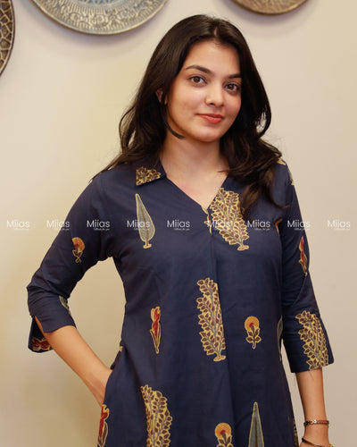 South Cotton Dress Kurti | Shirt Collar + Pleats + Pocket | Navy Blue