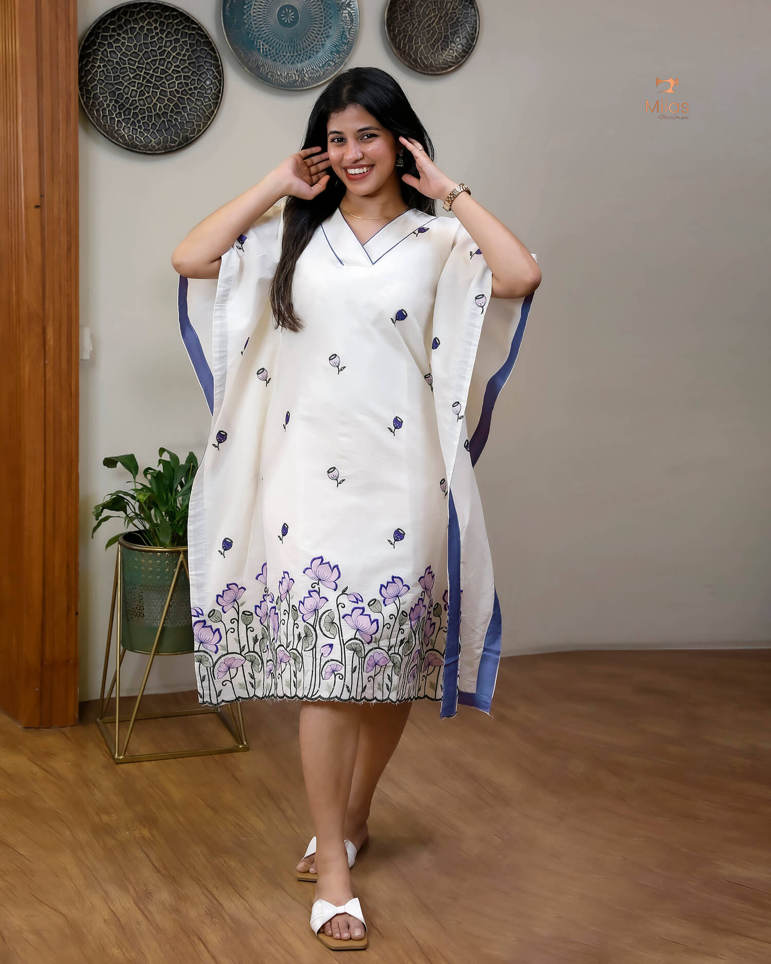 Embroidered Cotton Kaftan Dress – Relaxed V-Neck Resort Wear