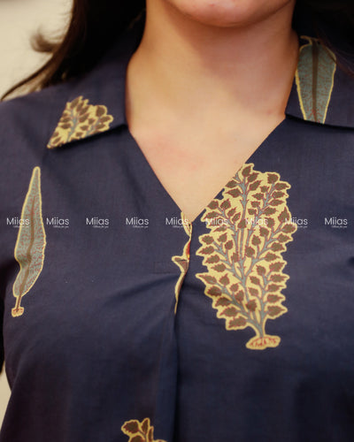 South Cotton Dress Kurti | Shirt Collar + Pleats + Pocket | Navy Blue